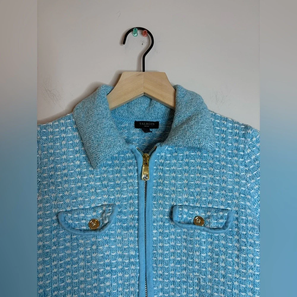Women’s Talbots collared zip cardigan jacket light blue&white tweed size SP - Picture 4 of 10